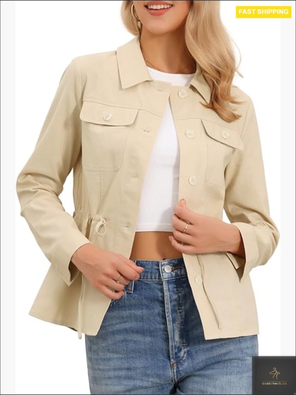 Linen Utility Jacket Button Down Drawstring Waist Lightweight Casual Anorak Coat